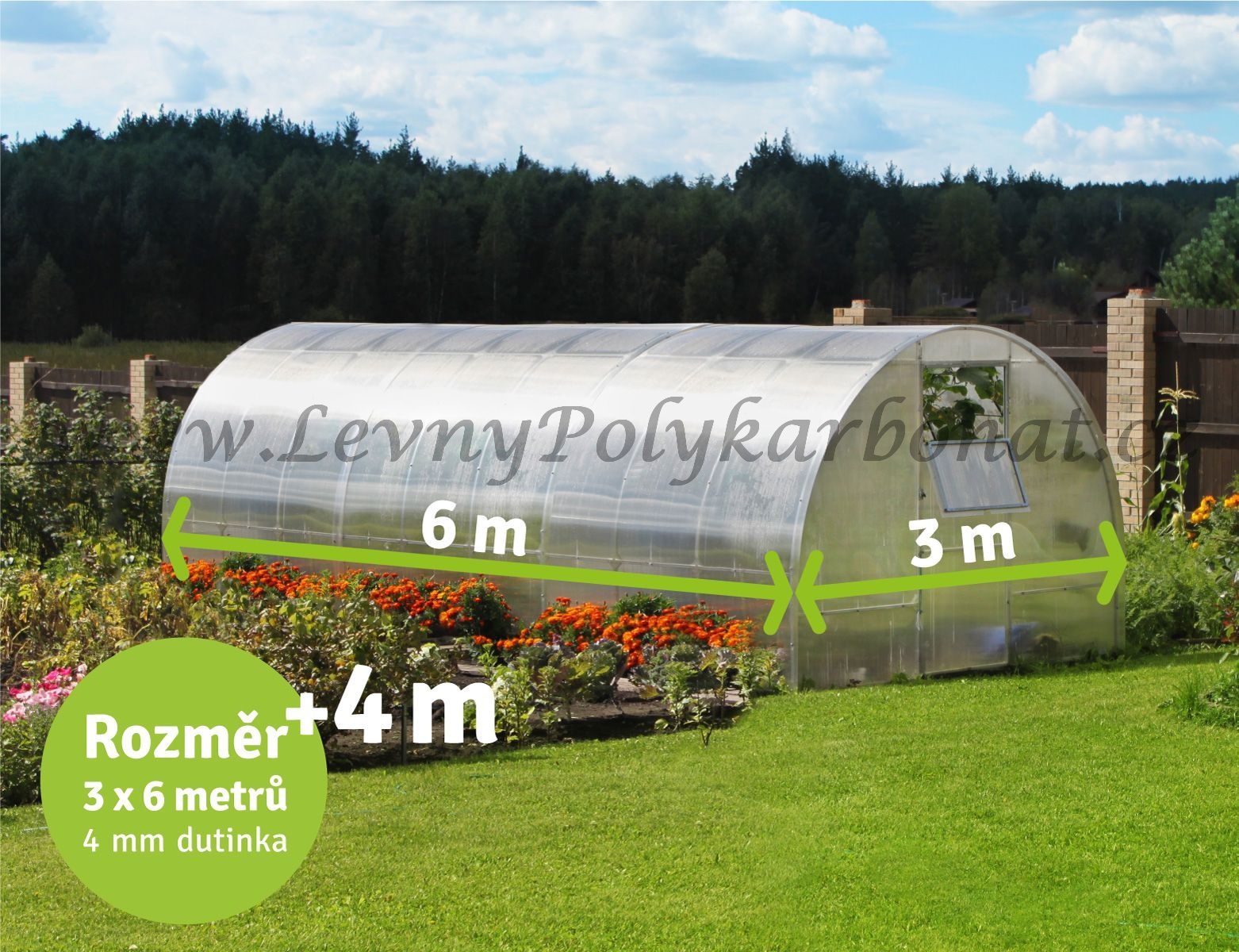 Zahradní skleník z polykarbonátu tl.4 mm AGRUS KOMPLET š.3 x dl.6 m + základna